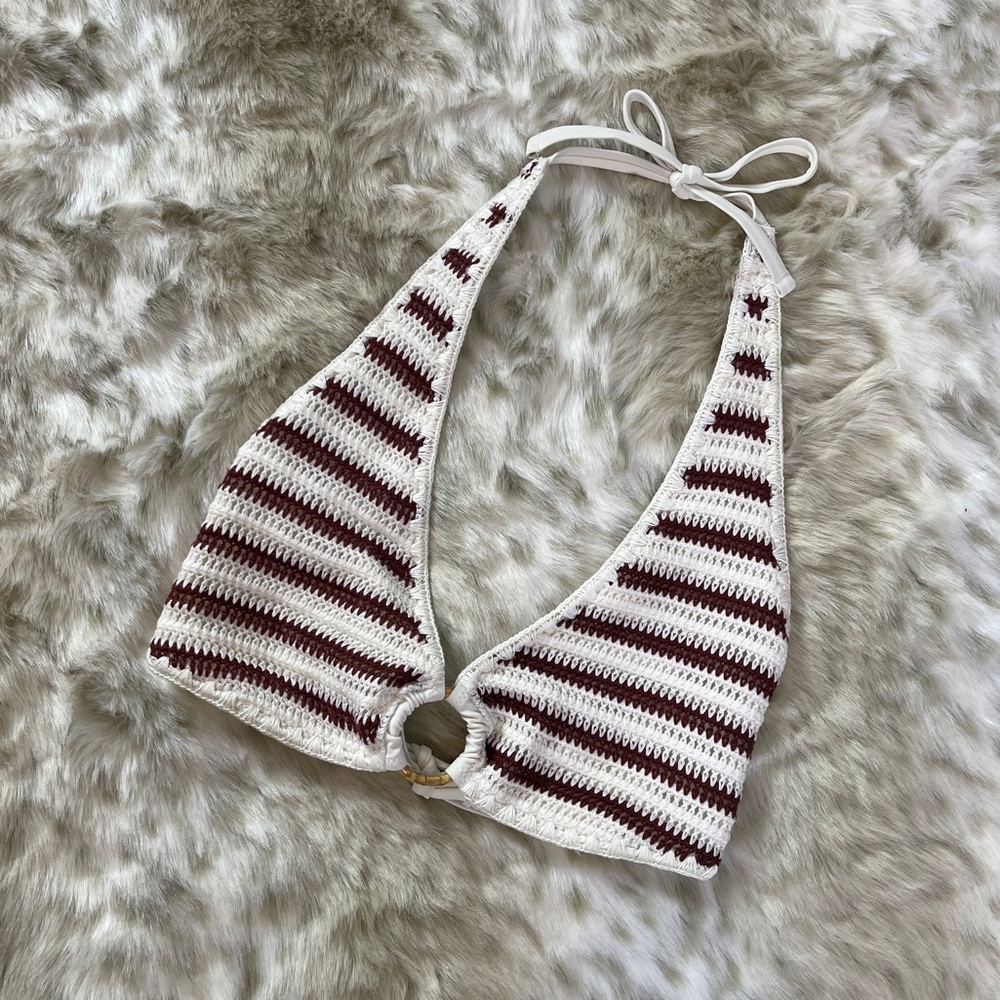 Aerie White and Brown Halter Crochet Bikini Top - Picture 2 of 6